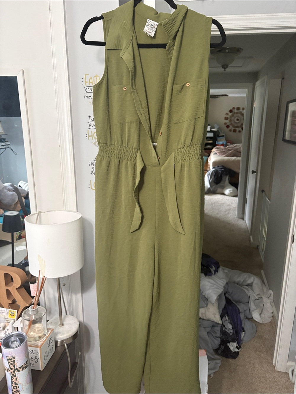NAIF Olive-Green Sleeveless V-Neck Jumpsuit with Tie Waist